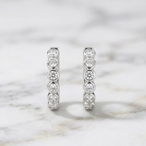Sterling Silver CZ Bezel Hoop Earrings - White